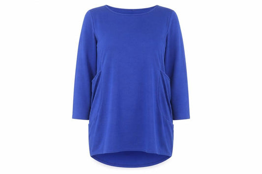 Front view of kidsform women’s blue round neck polyester jumper, size XL