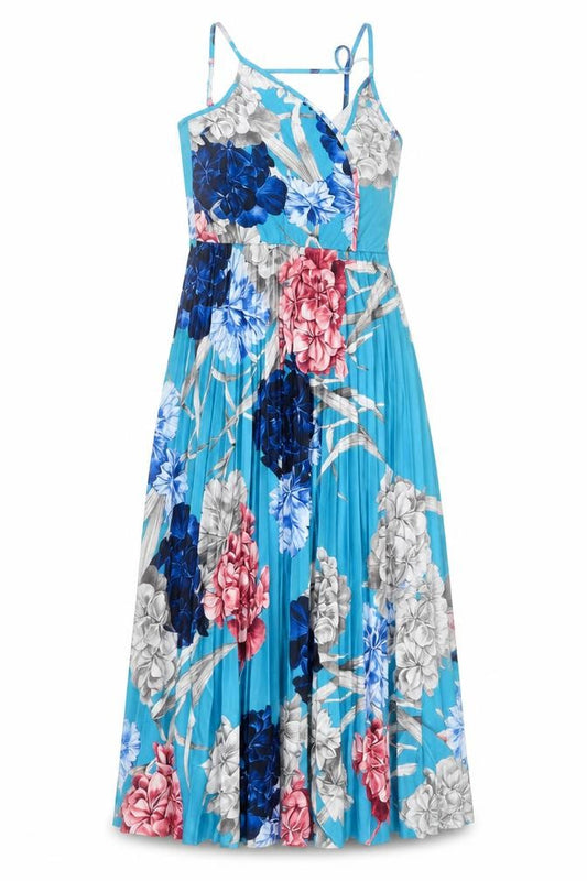 Front view of ASOS women’s blue floral polyester a-line, size UK 8, v-neck