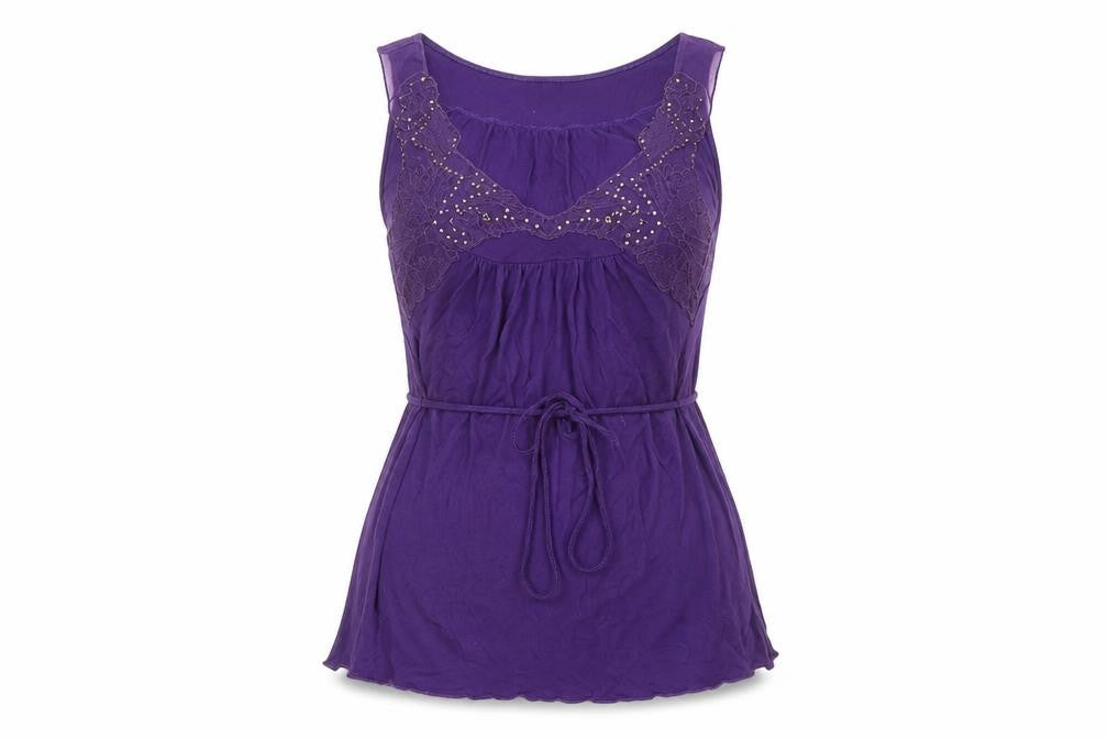 Front view of Topshop women’s purple viscose basic t-shirt, size UK 10, round neck