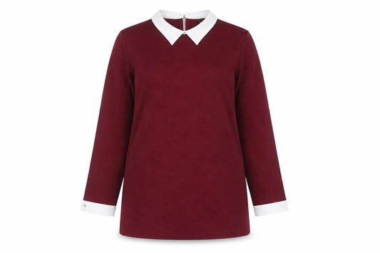 Front view of Primark women’s red collared polyester jumper, size UK 12