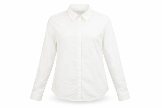 Front view of ASOS women’s white cotton basic button-up, size UK 12, collared