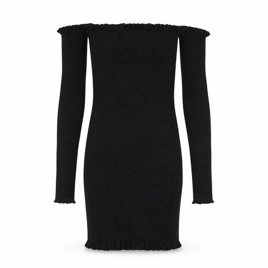 Front view of PRETTYLITTLETHING women’s black boat neck acrylic jumper, size UK 12