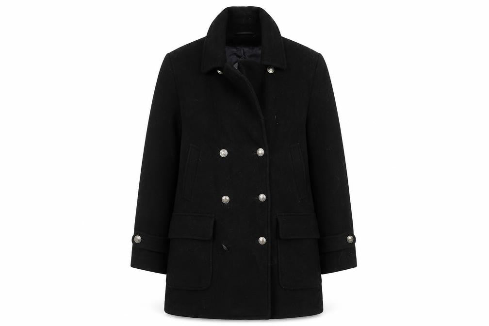 Front view of LOFT women’s black overcoat coat, size UK 10