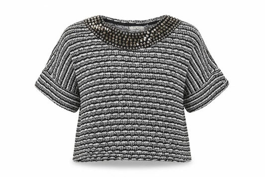 Front view of Zara women’s multicoloured round neck striped jumper, size M