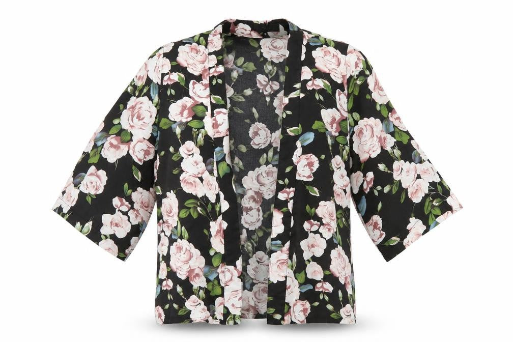 Front view of New Look women’s black floral polyester basic blouse, size UK 10, round neck
