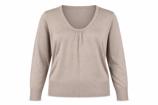 Front view of Papaya women’s beige round neck acrylic jumper, size UK 16