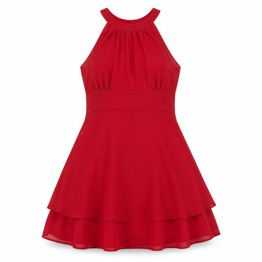 Front view of women’s red polyester a-line, size L, round neck