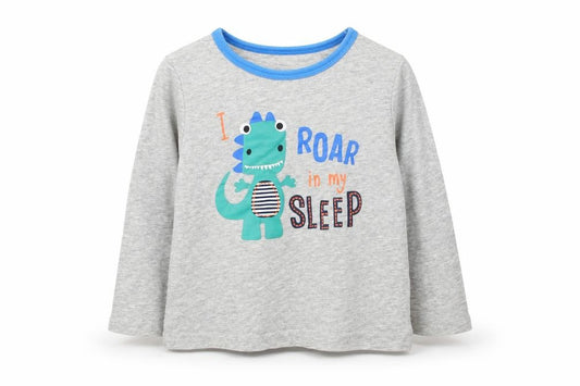 Front view of Peacocks Baby Grey Cotton Basic T-Shirt, size 18-24, Months Round Neck - I ROAR IN MY SLEEP
