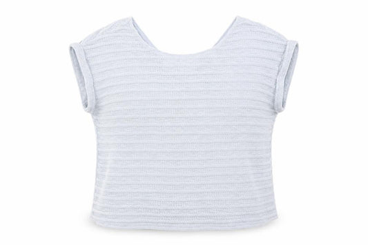 Front view of New Look women’s blue striped polyester basic t-shirt, size UK 12, round neck