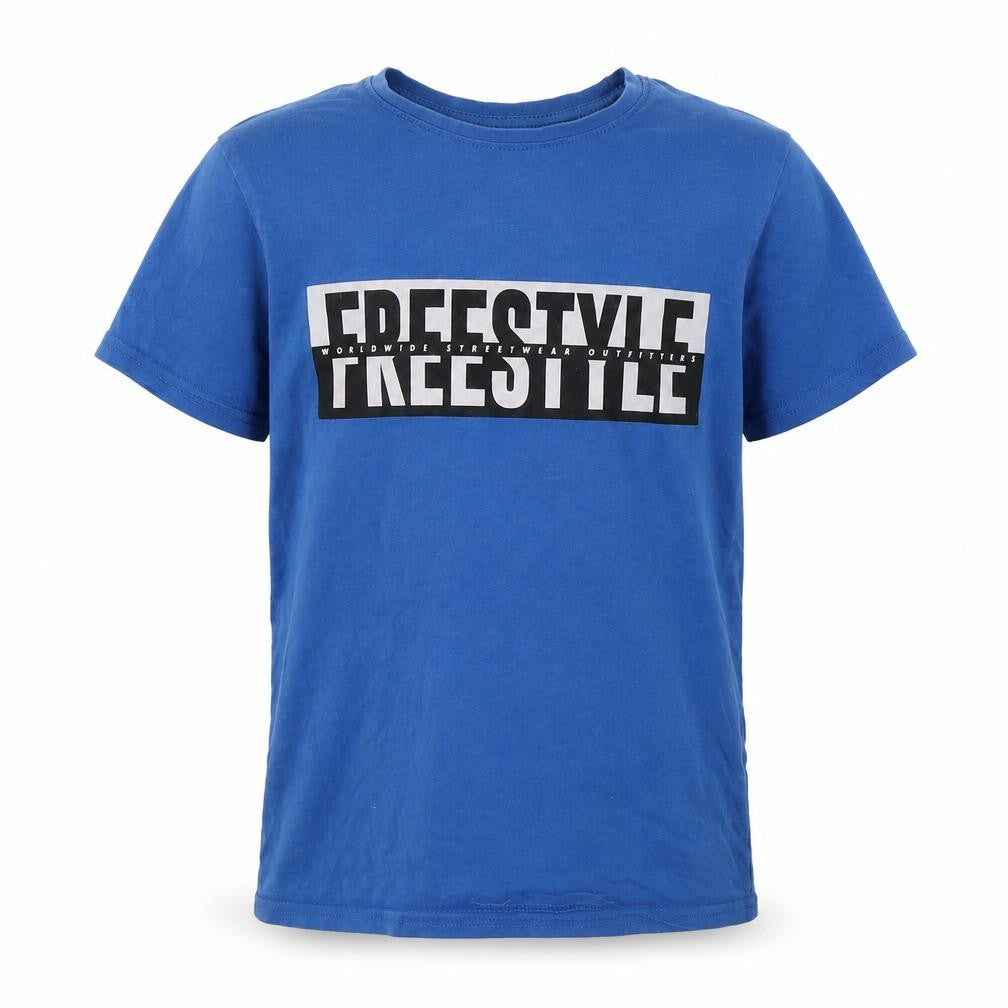 Front view of Primark boys’ blue cotton basic t-shirt, size 9-10, years crew neck - freestyle