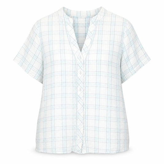 Front view of Bonmarché women’s multicoloured check cotton basic button-up, size UK 16, collared