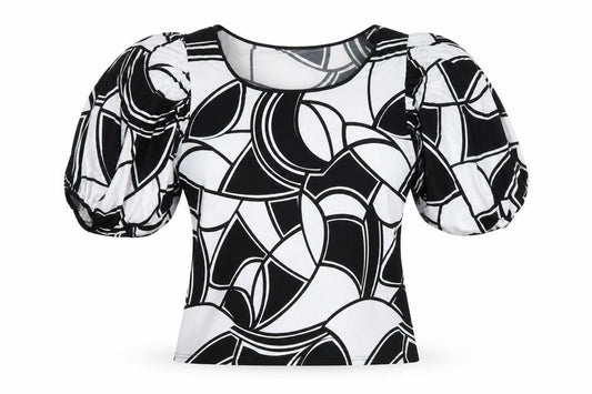 Front view of White women’s multicoloured geometric polyester basic blouse, size M, scoop neck