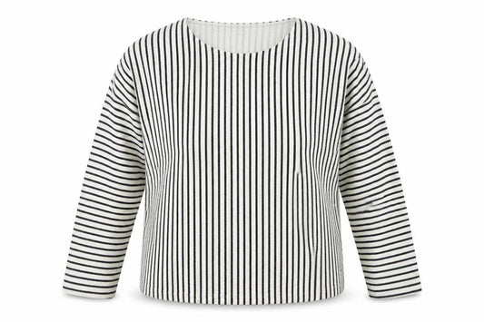 Front view of Marks & Spencer women’s white crew neck striped cotton jumper, size UK 16