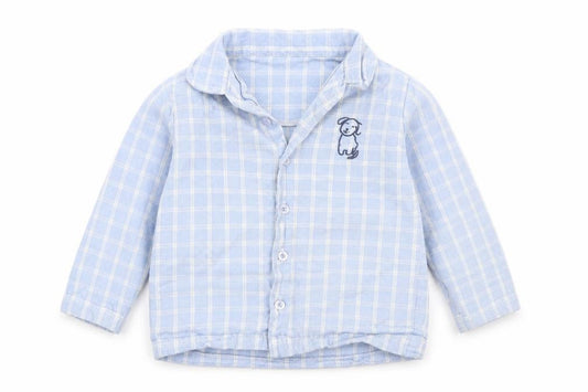 Front view of Nutmeg Baby Blue Check Cotton Basic Button-Up, size 12-18, Months Collared