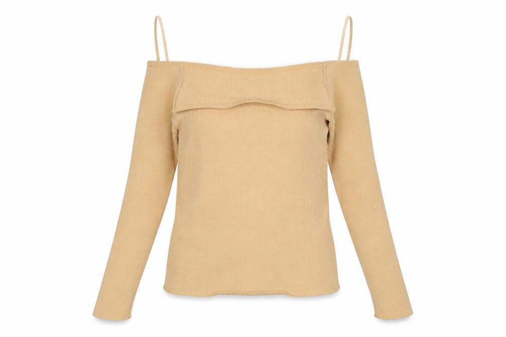 Front view of River Island women’s beige square neck polyester jumper, size UK 10