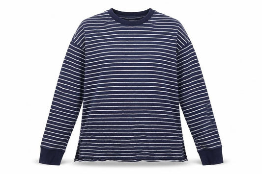 Front view of women’s multicoloured striped cotton pullover sweatshirt, size M