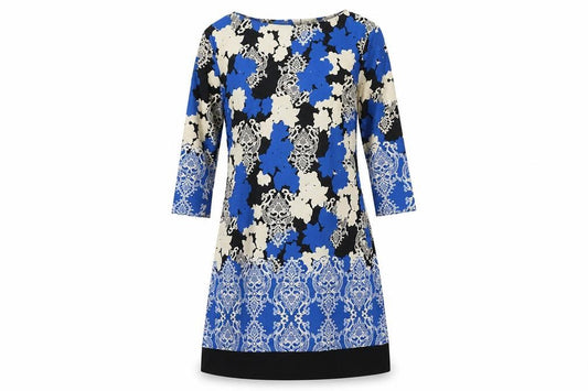 Front view of Atmosphere women’s blue floral polyester a-line, size UK 12, round neck
