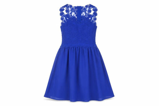 Front view of H&M women’s blue polyester a-line, size UK 6, round neck