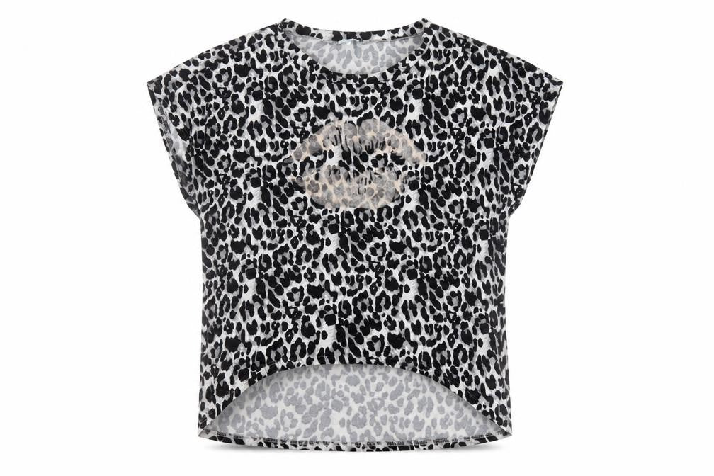 Front view of Bluevanilla women’s grey animal print polyester basic t-shirt, size M, round neck