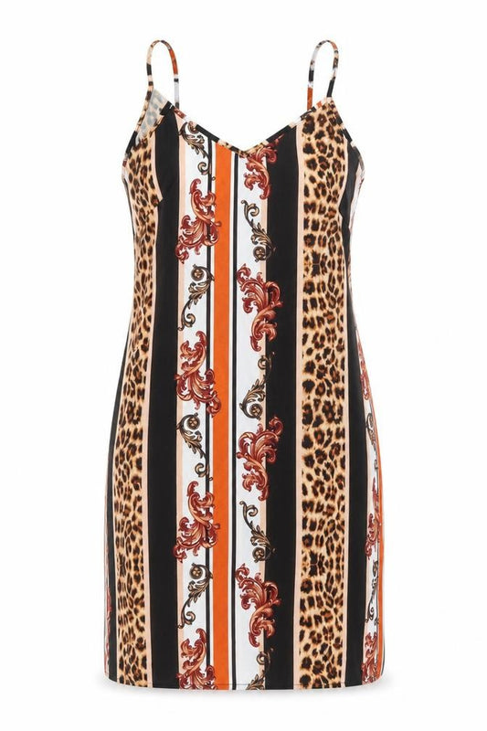 Front view of Boohoo women’s black animal print polyester a-line, size UK 12, v-neck