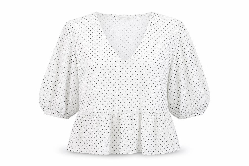 Front view of Astradivarius women’s white polka dot polyester basic t-shirt, size M, round neck