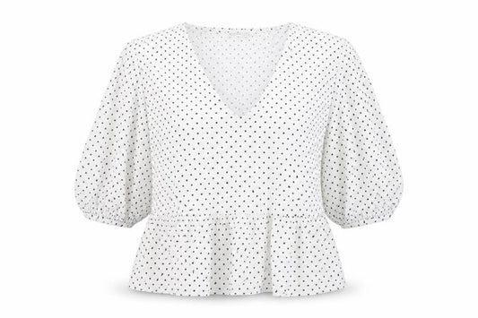 Front view of Astradivarius women’s white polka dot polyester basic t-shirt, size M, round neck