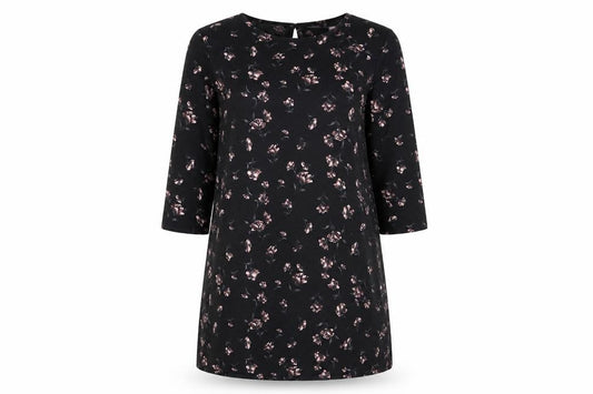 Front view of Boohoo women’s beige floral polyester a-line, size UK 12, round neck