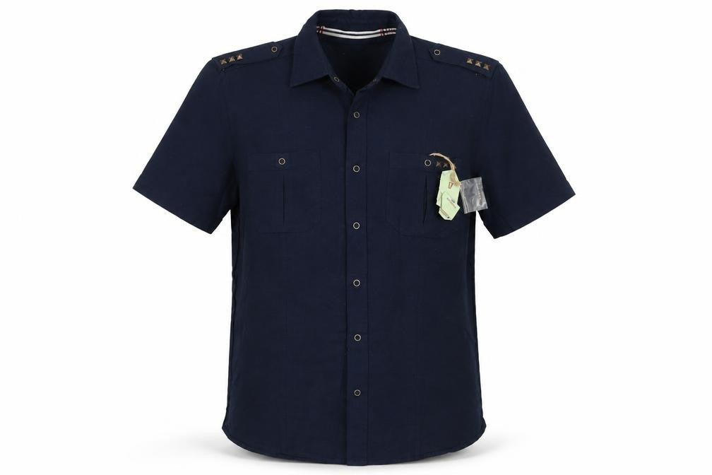 Front view of Duke Linen men’s blue cotton button-up, size M, collared