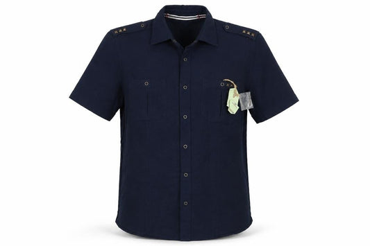 Front view of Duke Linen men’s blue cotton button-up, size M, collared
