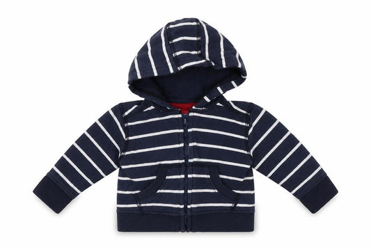 Front view of Preworn Baby Blue Striped Cotton Full Zip Jumper, size 3-6, Months
