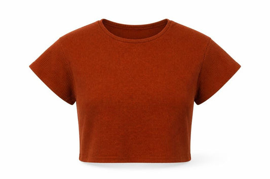 Front view of Primark women’s brown polyester cropped blouse, size M, crew neck