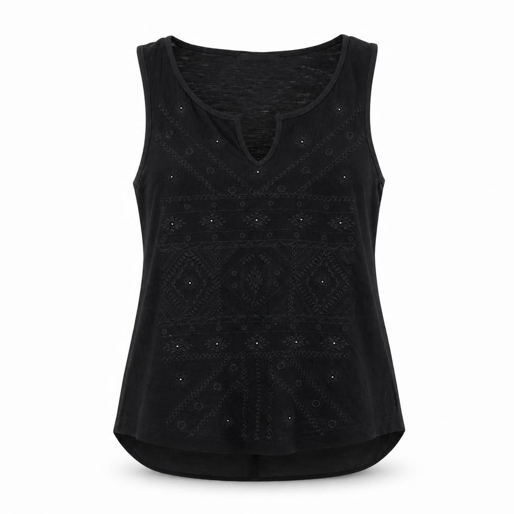 Front view of George women’s black geometric viscose basic blouse, size UK 12, round neck - embroidered front