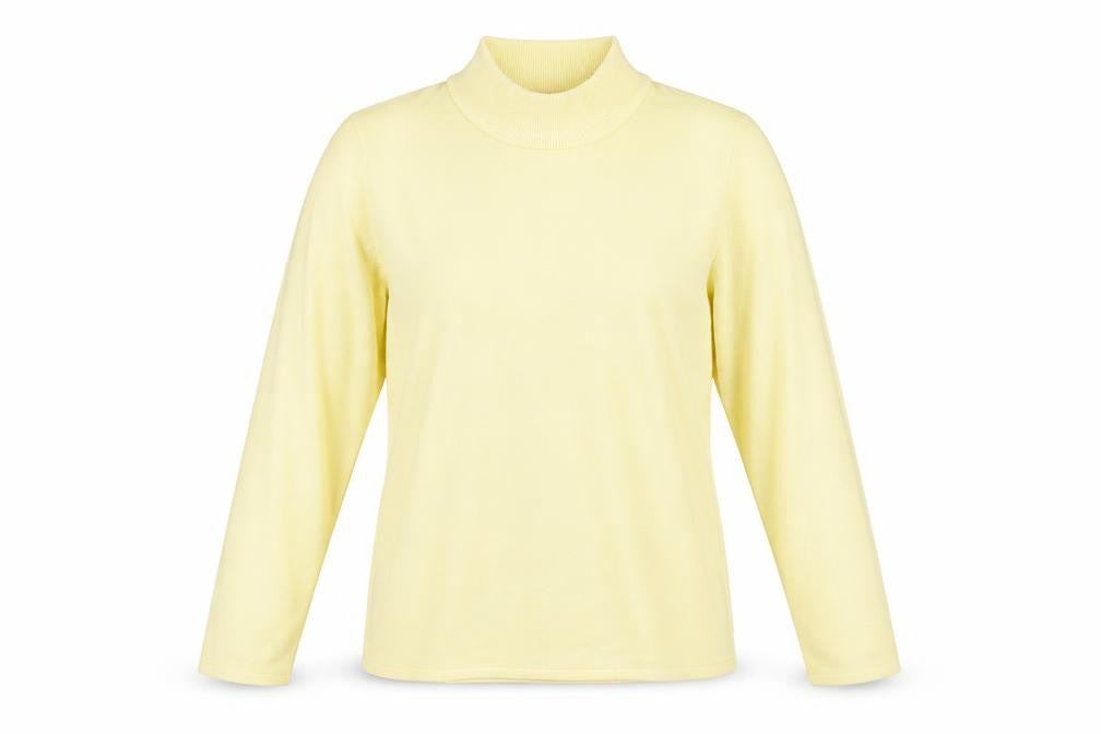 Front view of Bonmarché women’s yellow acrylic basic t-shirt, size S, high neck