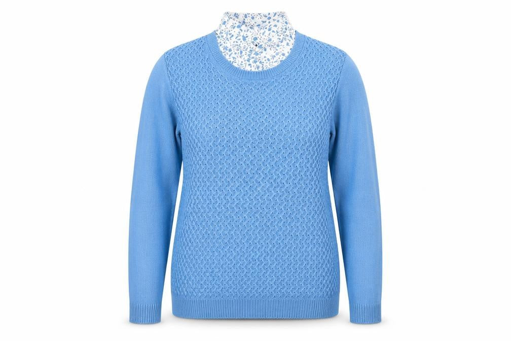 Front view of ISLE women’s blue collared argyle/diamond acrylic jumper, size UK 14