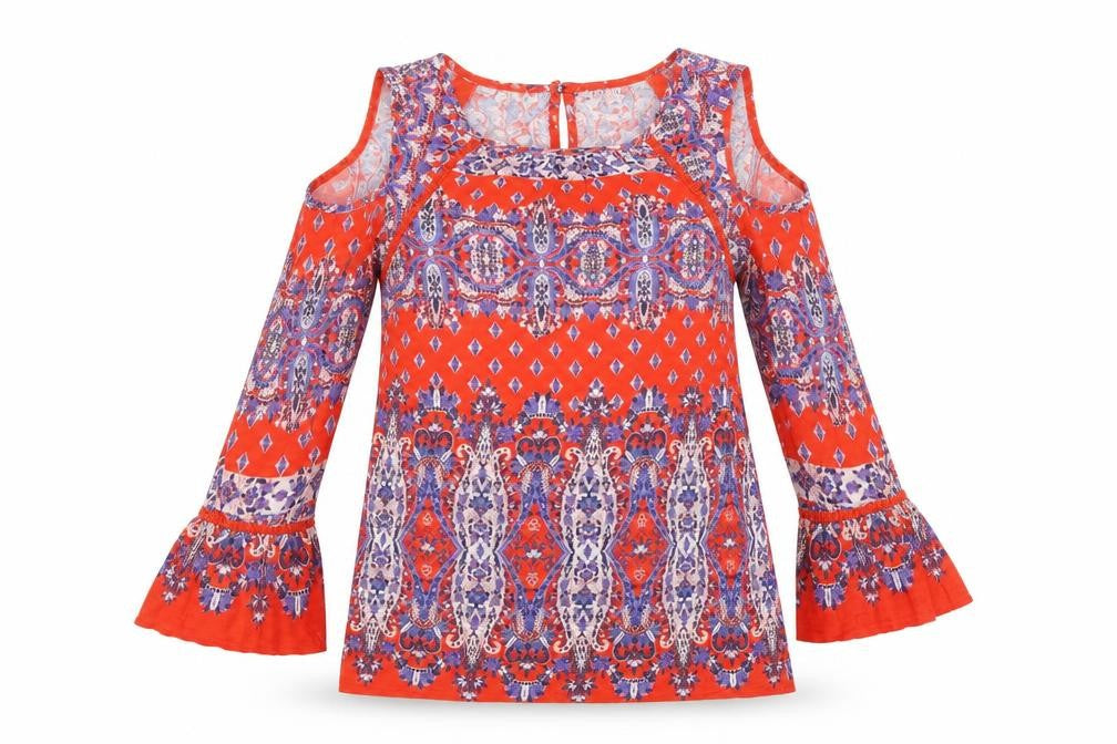 Front view of F&F women’s red argyle/diamond basic blouse, size UK 6, scoop neck