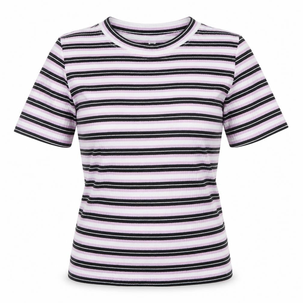 Front view of Divided women’s pink striped cotton basic t-shirt, size XS, round neck