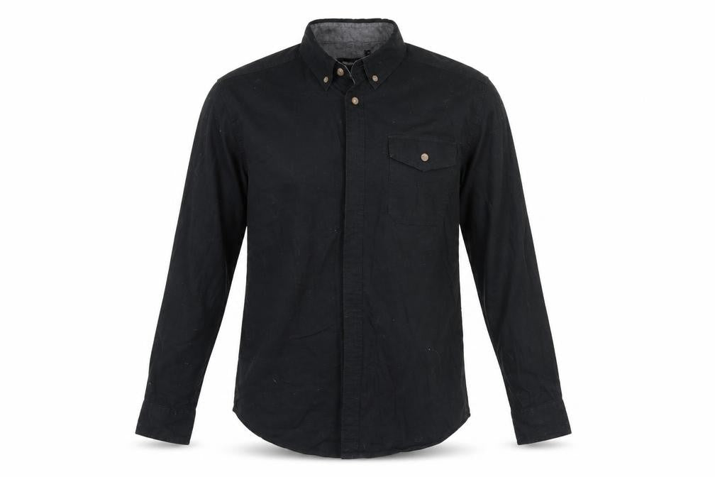 Front view of Industrialize men’s black cotton button-up, size M, collared