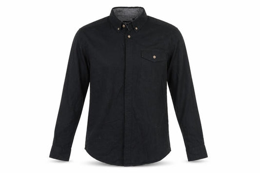 Front view of Industrialize men’s black cotton button-up, size M, collared
