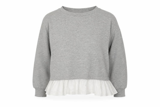 Front view of Topshop women’s grey crew neck cotton jumper, size UK 10