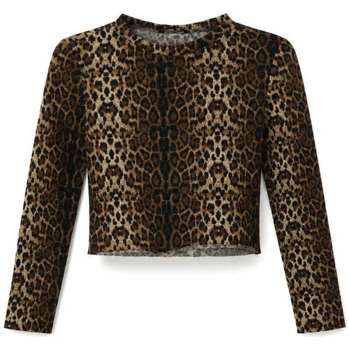 SheIn Womens Brown Animal Print Polyester Cropped Blouse Size M Crew Neck