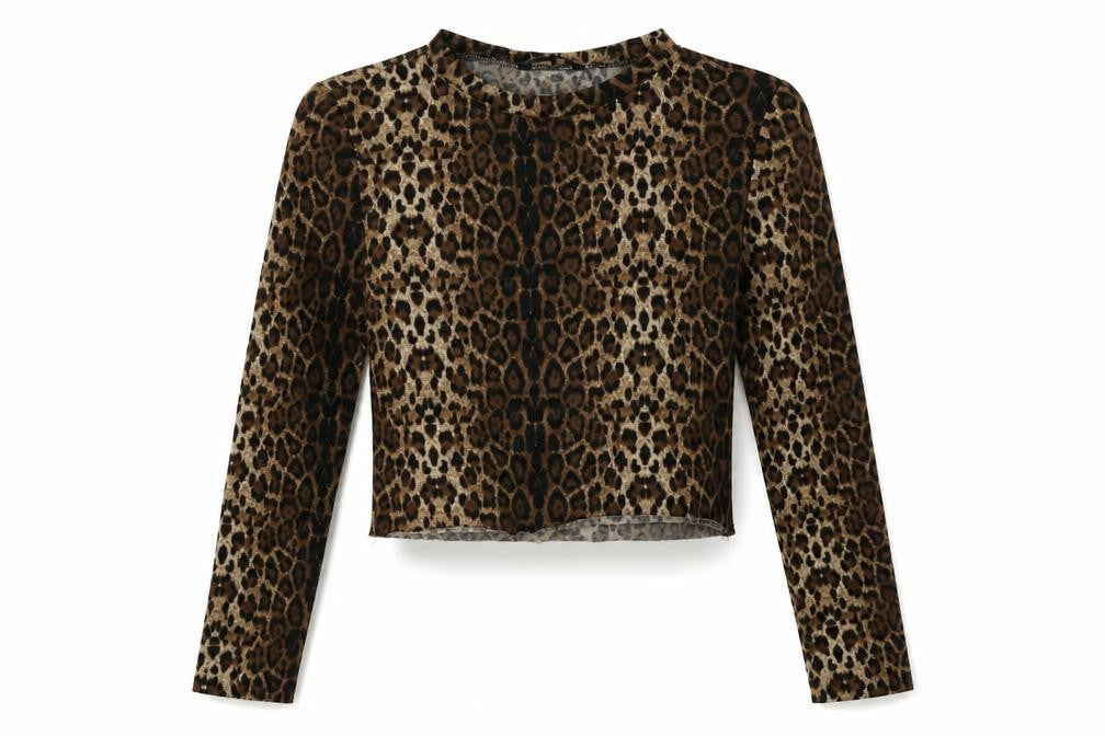 SheIn Womens Brown Animal Print Polyester Cropped Blouse Size M Crew Neck