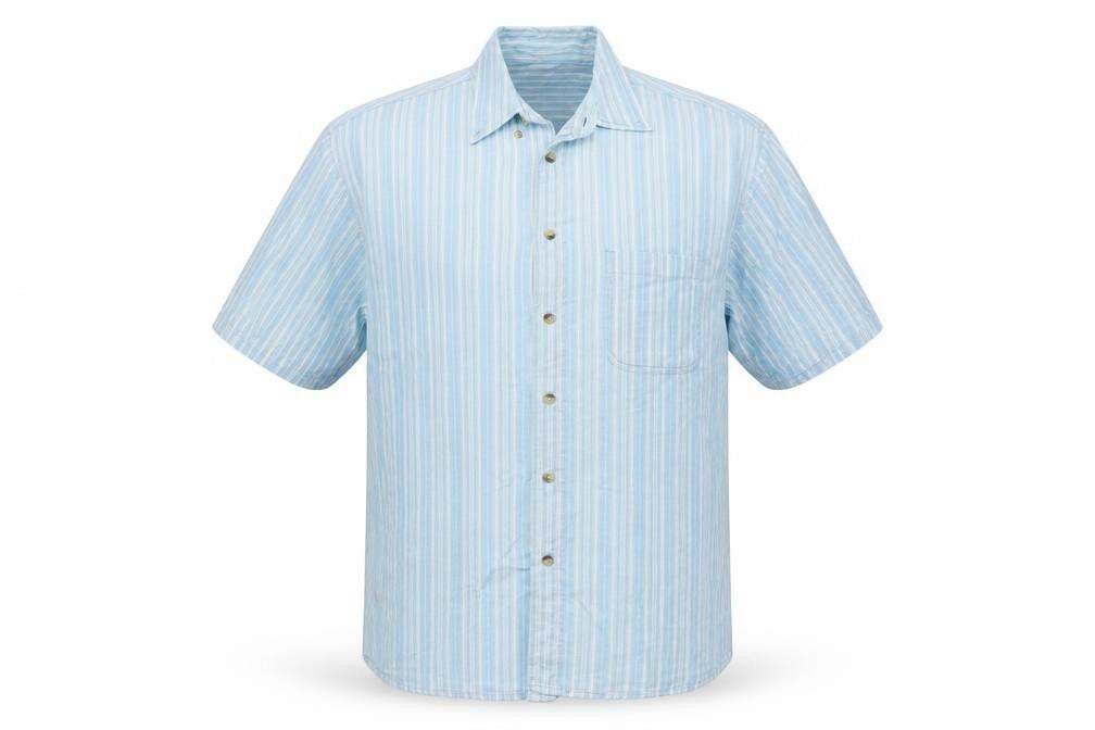 Front view of Armando men’s blue striped cotton button-up, size L, collared