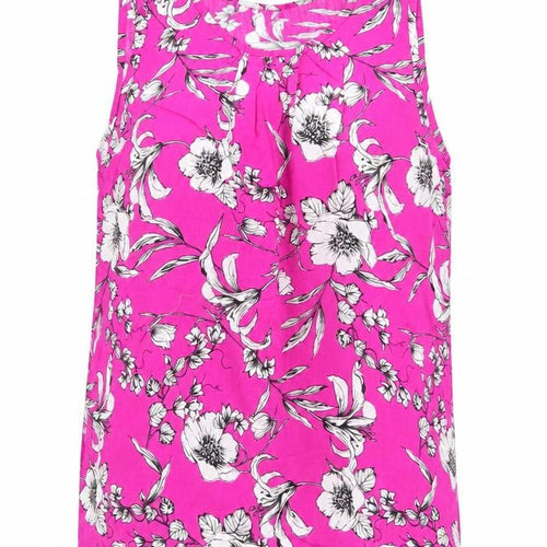 Le Macro Womens Pink Floral  Basic Blouse Size S Round Neck - White Grey Flowers Cerise