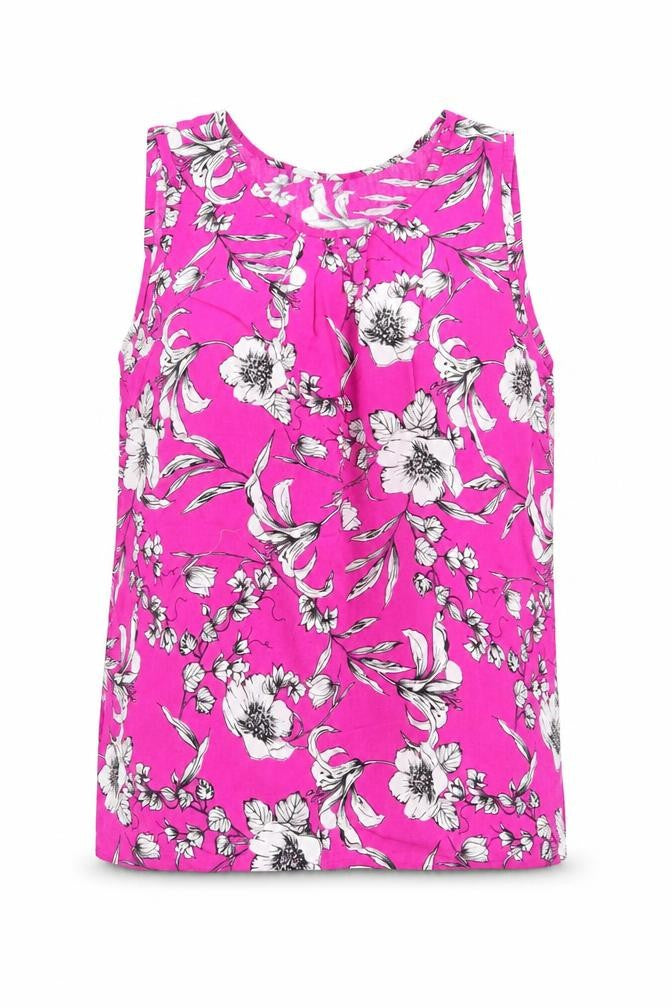 Le Macro Womens Pink Floral  Basic Blouse Size S Round Neck - White Grey Flowers Cerise