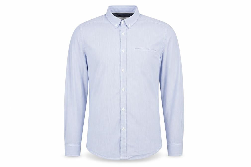 Burtons Menswear Mens Blue Striped Cotton  Button-Up Size M Collared  - Fine Blue Stripe Buttoned Collar