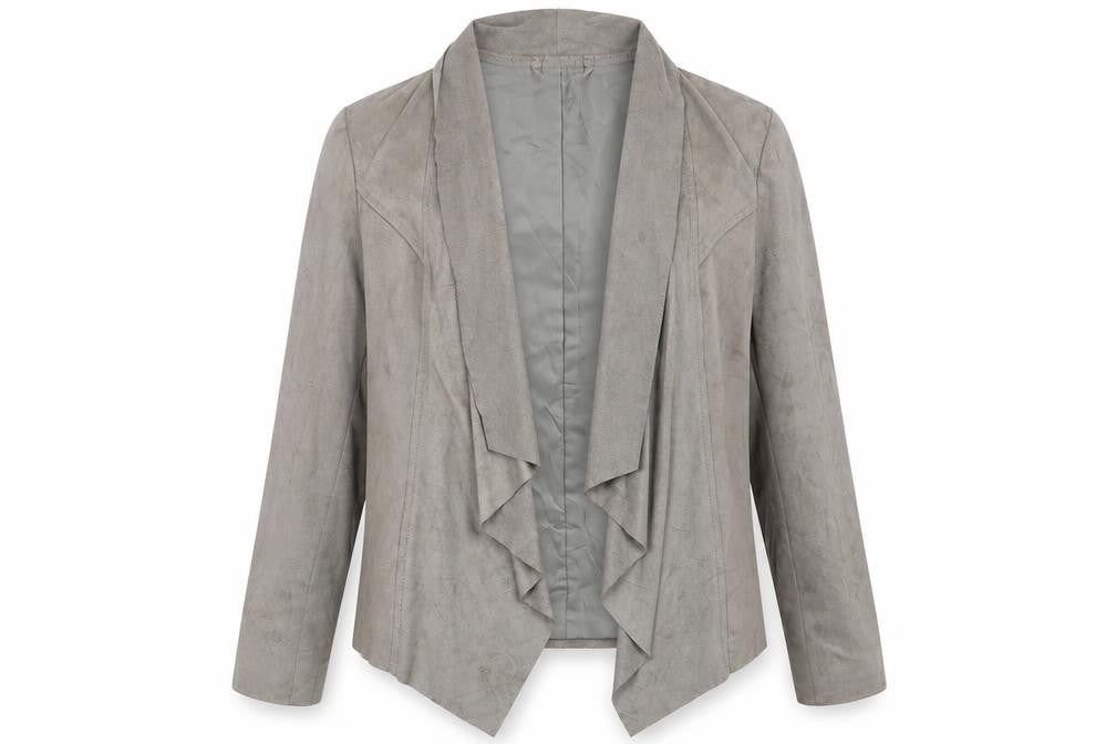 Front view of M&Co women’s green jacket, size UK 10, - khaki suede effect short waterfall lined back