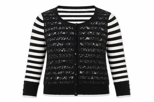 Front view of Wallis women’s black round neck striped viscose jumper, size UK 14, - lace overlay front