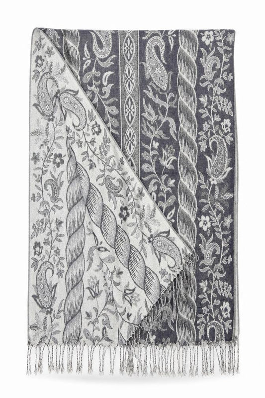 Front view of Preworn women’s blue floral shawl/wrap - subtle shimmer effect blue ivory gold