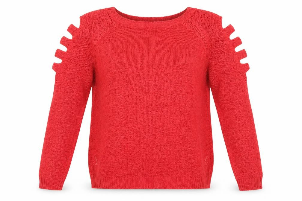 Front view of Rainbow women’s red round neck acrylic jumper, size M