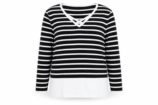 Front view of Cable & Gauge women’s multicoloured round neck striped viscose jumper, size XL